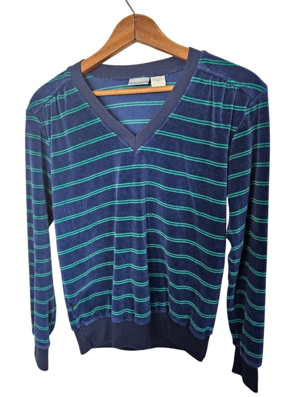 Vintage 80s Levi Strauss & Company Navy Velour V-Neck with Teal Stripes, Medium